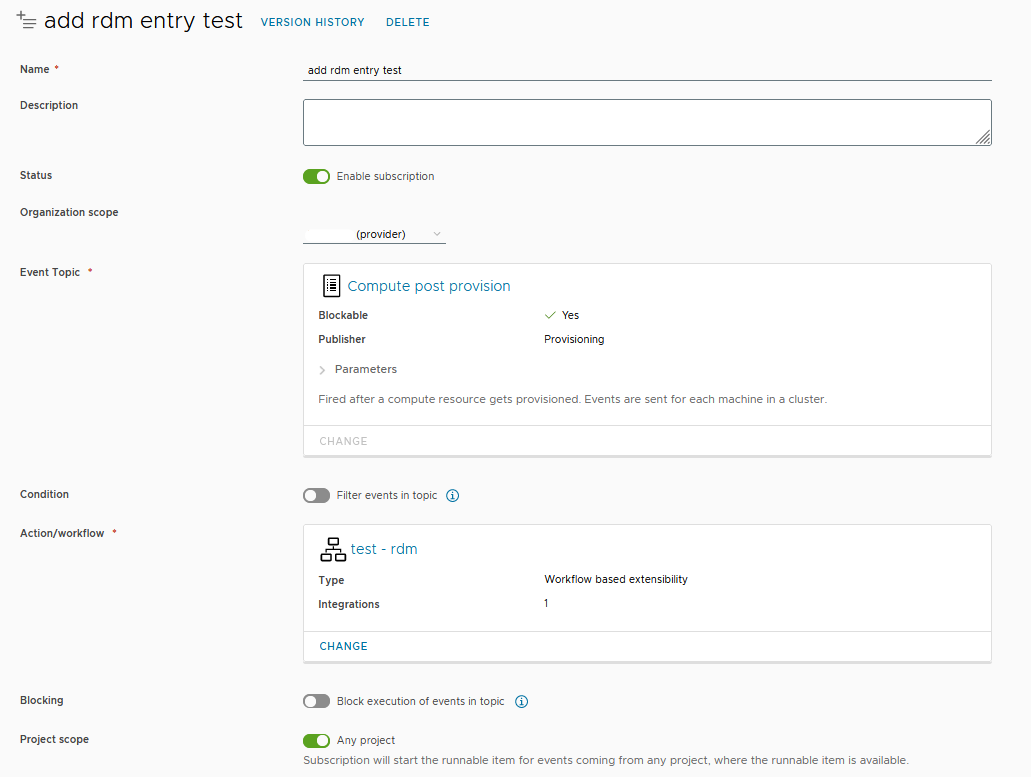 vRa Extensibility Subscription
